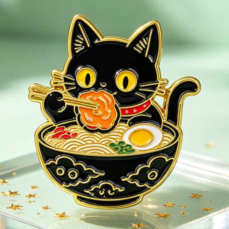 Милый черный кот, едящий лапшу – обзор и цена Enamel Pin Set