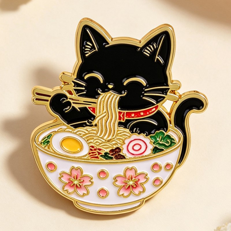 Милый черный кот, едящий лапшу – обзор и цена Enamel Pin Set